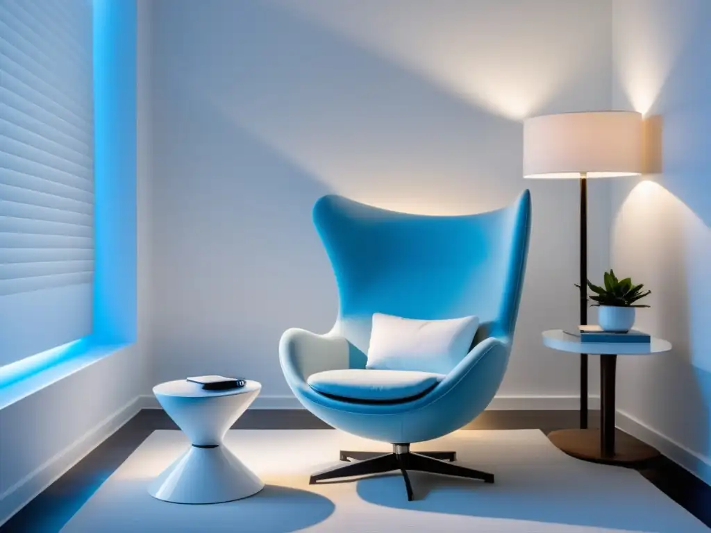 Terapia de luz azul para trastorno afectivo estacional en una sala blanca y minimalista con una silla azul y dispositivo elegante