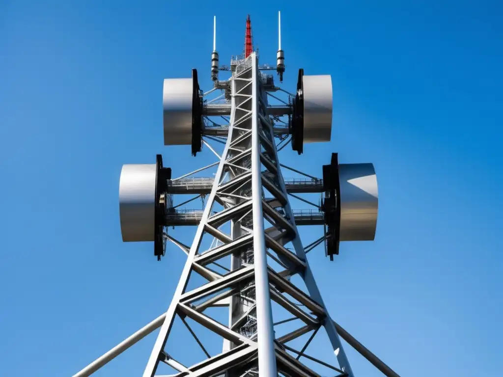 Torre de telecomunicaciones 5G y fibra óptica, simbolizando avance tecnológico y beneficios de la fibra óptica en las comunicaciones 5G