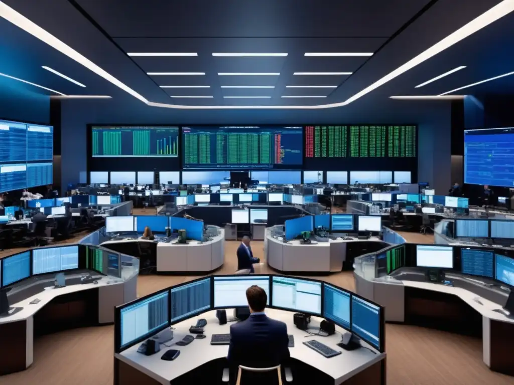 Trading floor moderno y dinámico con traders, tecnología de vanguardia y fibra óptica