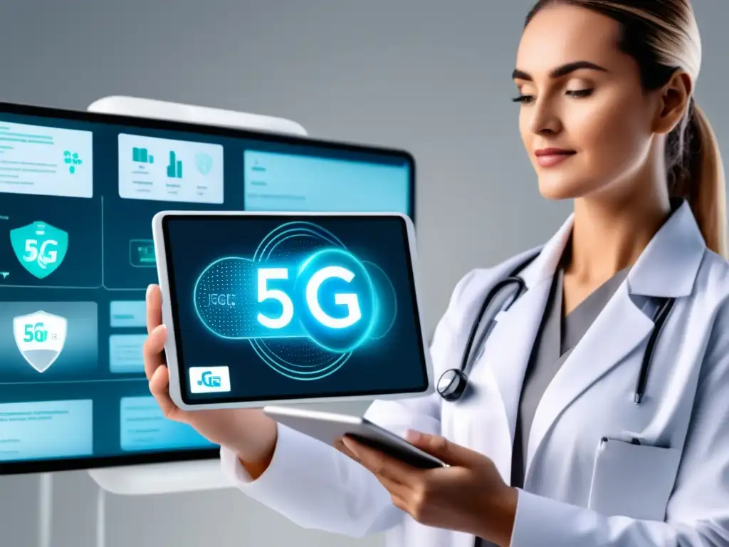 Beneficios del 5G en fibra óptica: imagen innovadora de médico con tablet mostrando datos de paciente en tiempo real y tecnología médica avanzada