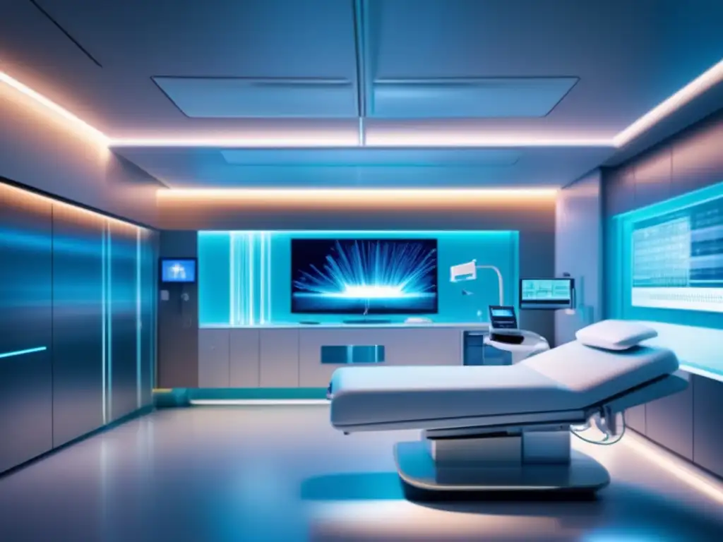 Importancia de la fibra óptica en la salud digital: imagen futurista de una habitación hospitalaria con tecnología de fibra óptica integrada